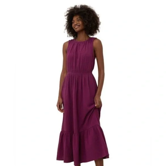 Pact Organic Cotton Coastal Double Gauze Tiered Midi Dress Size Large - Picture 2 of 14